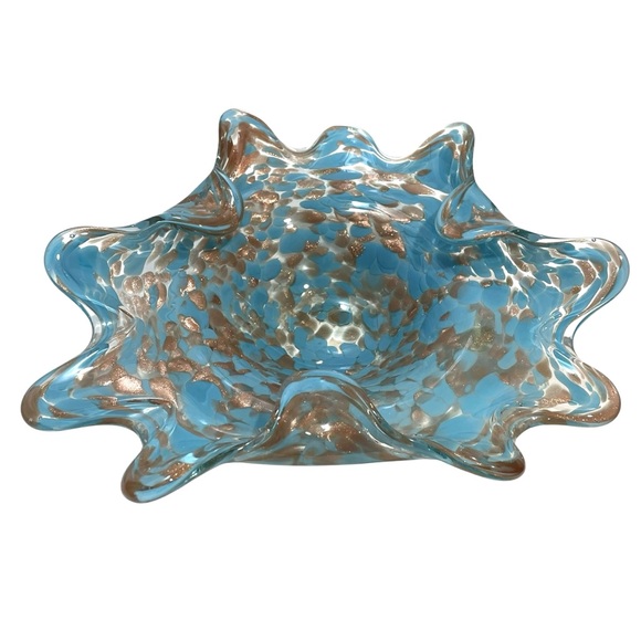 Vintage 1970s Murano Art Glass Decorative Bowl Stretch Fingers Blue Copper Clear - Picture 2 of 11